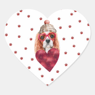 Sticker Cœur Chien d'espagne de Saint-Valentin aux pattes rouge