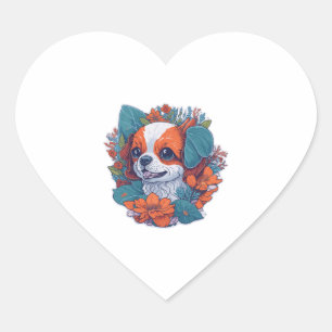 Sticker Cœur Chien mignon en Fleurs Fleurs Chien Chien Chien Ch