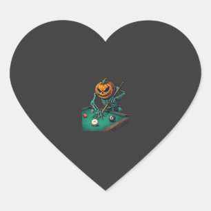 Sticker Cœur Citrouille d'Halloween squelette jouant au billard