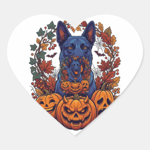 Sticker Cœur Citrouilles d'Halloween Pitbull Bleu Feuilles d'Au