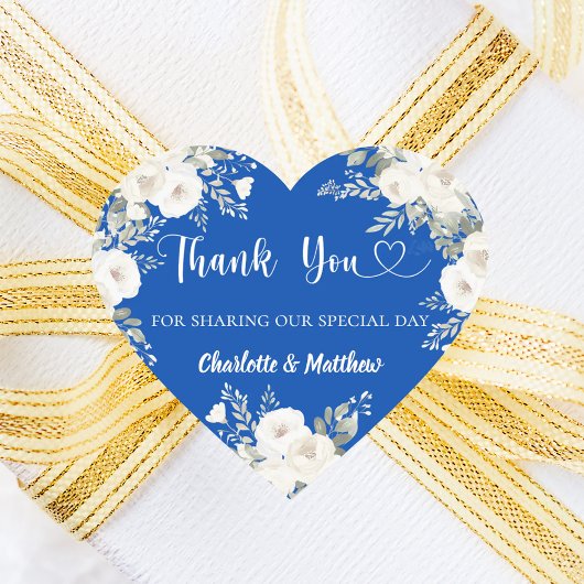 Sticker Cœur Cobalt bleu blanc fleurons coeur merci mariage