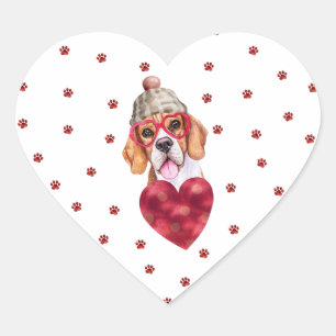 Sticker Cœur Cœur aux pattes rouges roses Chien Beagle Saint-Va
