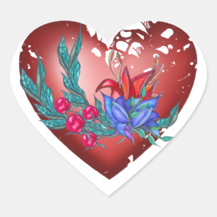 Sticker Cœur Cœur avec des fleurs bleues et rouges et des branc