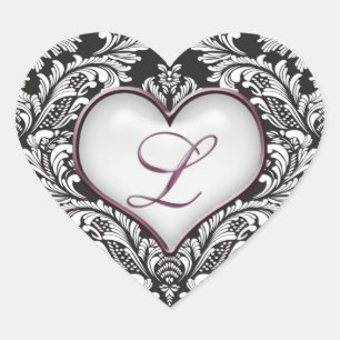Sticker Cœur Coeur damassé noir blanc Monogramme lettre L Stick