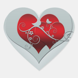 Sticker Cœur Coeur et colombes en argent et rouge
