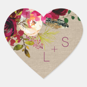 Sticker Cœur Coeur monogramme floral Bourgogne faveur autocolla