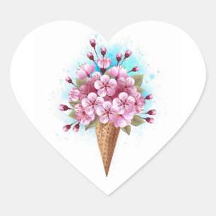 Sticker Cœur Cône rose Sakura crème glacée gaufre