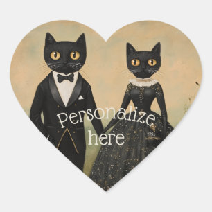 Sticker Cœur Couple de chats noirs art folklorique vintage goth