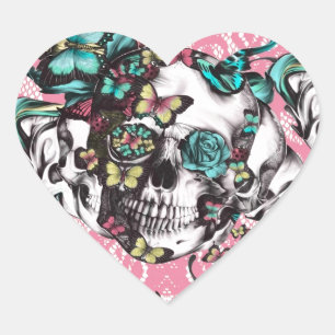 Sticker Cœur Crâne rose floral avec des papillons