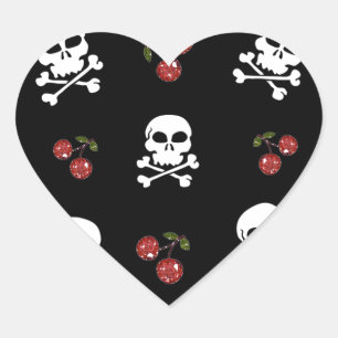Sticker Cœur Crânes et cerises Rockabilly RAB sur fond noir