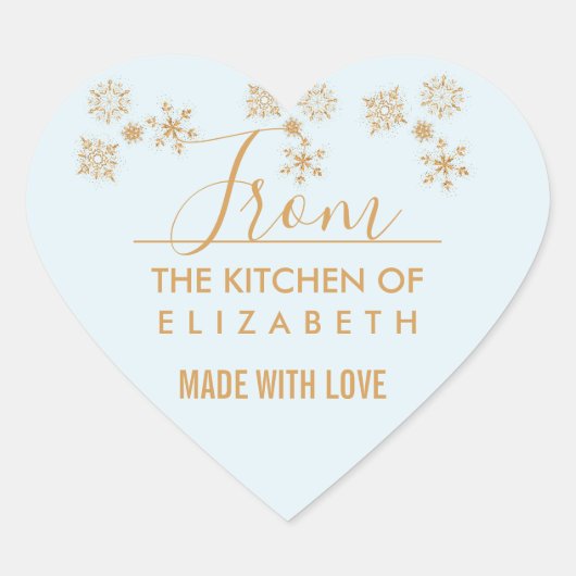 Sticker Cœur Cristaux de flocon d'or sur bleu glacé - Noël (Devant)