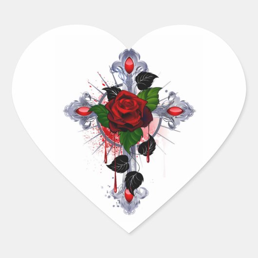 Sticker Cœur Croix d'argent avec une rose rouge (Devant)