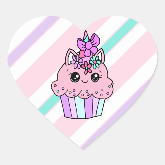 Sticker Cœur Cute Cartoon Coeur Unicorn Cupcake (Devant)