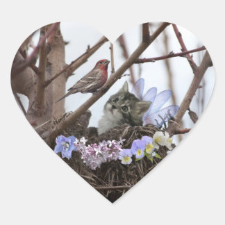 Sticker Cœur Cute chaton et nid d'oiseaux