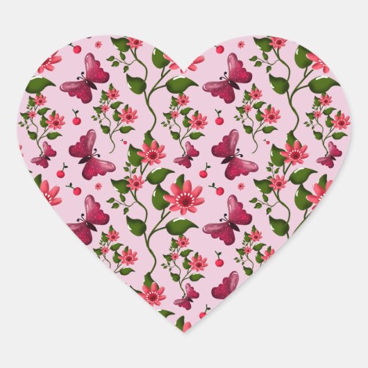 Sticker Cœur Cute Cherry Butterfly Pattern, Glossy Kawaii Fruit (Devant)