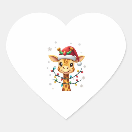 Sticker Cœur Cute Giraffe Christmas Lights Santa Hat Xmas Pajam (Devant)