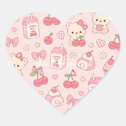 Sticker Cœur Cute Kawaii Bear Cherry Pattern | Pink Pastel (Devant)