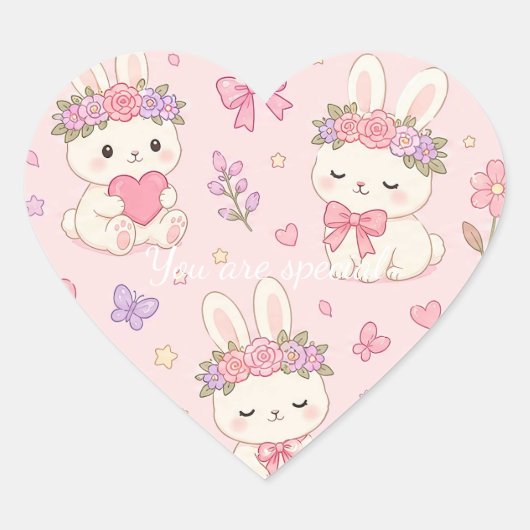 Sticker Cœur Cute Kawaii Bunny Flower Crown Pattern (Devant)