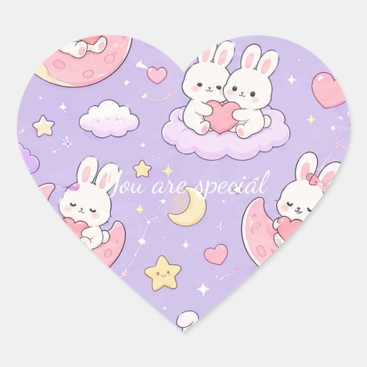 Sticker Cœur Cute Kawaii Bunny Heart Moon Pattern (Devant)
