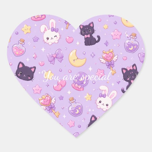 Sticker Cœur Cute Kawaii Magic Cats Pattern | Pastel Witchy  (Devant)