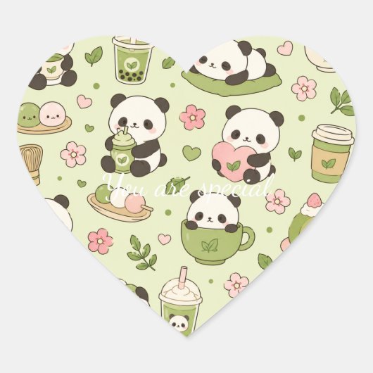 Sticker Cœur Cute Kawaii Panda Pattern | Bamboo Pastel  (Devant)