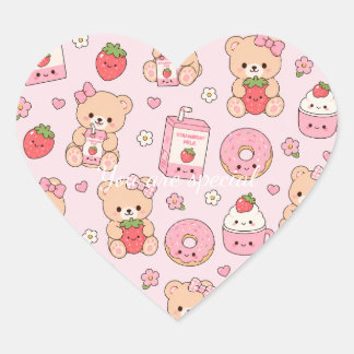 Sticker Cœur Cute Kawaii Strawberry Teddy Bear Pattern | Pink