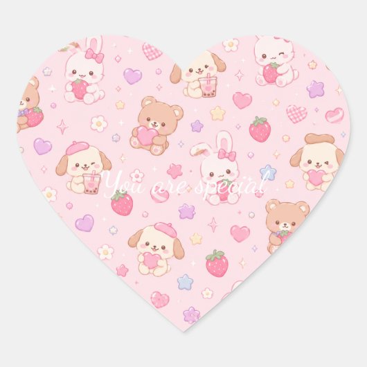 Sticker Cœur Cute Kawaii Teddy Bears & Strawberries Pattern (Devant)