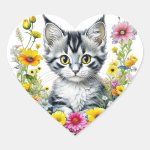 Sticker Cœur Cute Kitten Entouré de fleurs