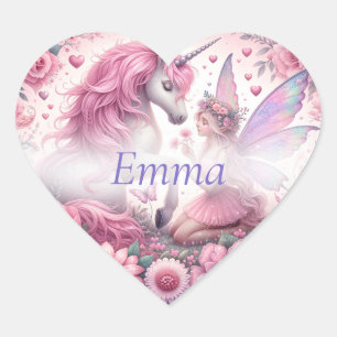 Sticker Cœur Cute Pretty Rose Fairy et Unicorne
