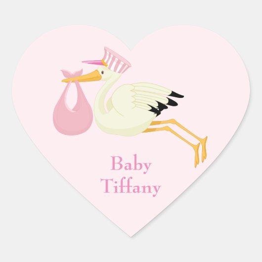Sticker Cœur Cute Stork avec Bébé enveloppé de rose (Devant)