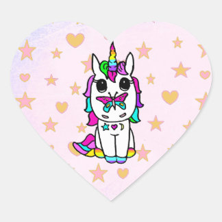 Sticker Cœur Cute Unicorne avec des étoiles et des coeurs papil