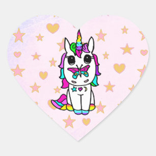 Sticker Cœur Cute Unicorne avec les étoiles et les coeurs du pa
