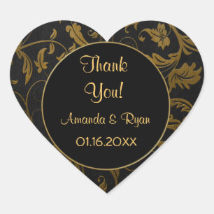 Sticker Cœur Damas noir et or - Merci - Personnaliser