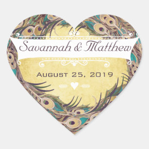 Sticker Cœur Damask Peacock Elegance Eggplant Gold et Aqua