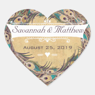 Sticker Cœur Damask Peacock Elegance Eggplant Gold et Aqua