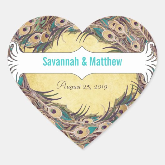 Sticker Cœur Damask Peacock Elegance Eggplant Gold et Aqua (Devant)