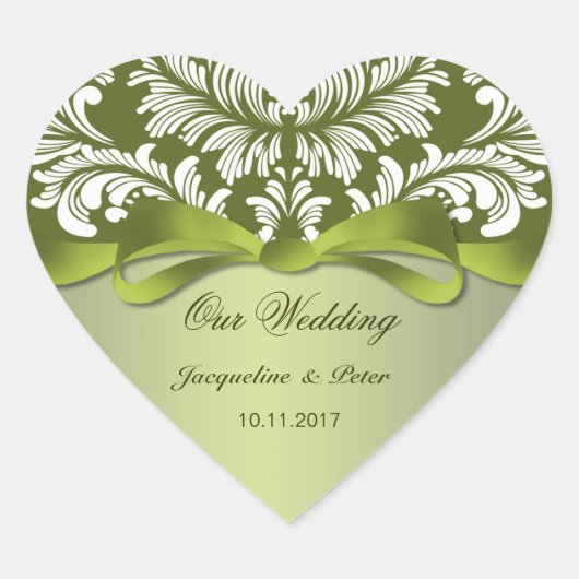 Sticker Cœur Damask vert et blanc Mariage (Devant)