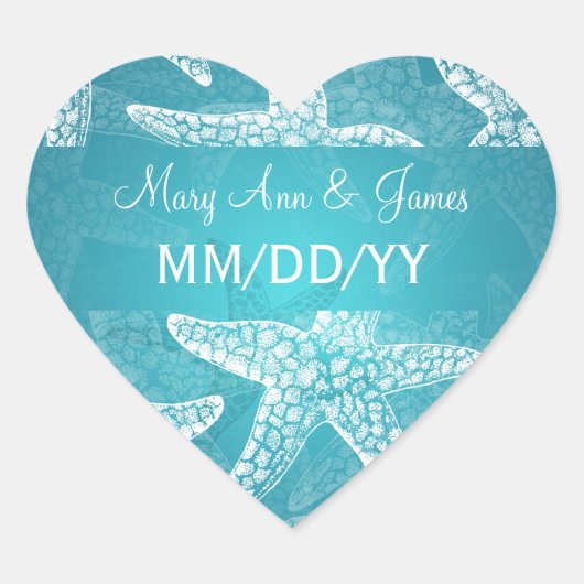 Sticker Cœur Date de mariage de plage Starfish Blue (Devant)