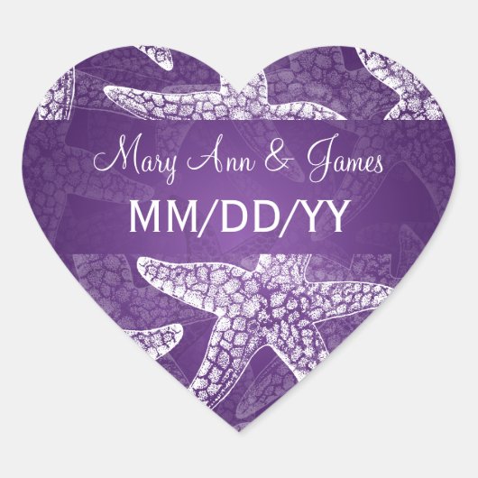 Sticker Cœur Date de mariage de plage Starfish Purple (Devant)