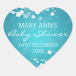 Sticker Cœur Date du baby shower Cerisier Fleur Turquoise