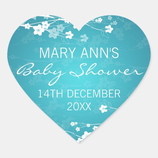 Sticker Cœur Date du baby shower Cerisier Fleur Turquoise (Devant)