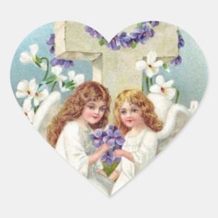 Sticker Cœur De Mignons Anges Avec Croix Et Fleurs.