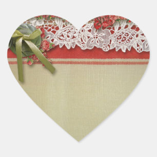 Sticker Cœur Dentelle de rose ancienne Toile de jute rouge rust