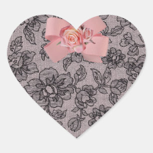 Sticker Cœur Dentelle noire et chevalet Rose
