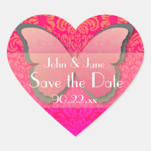 Sticker Cœur Dentelle papillon "Save the Date" (rose chaud et c