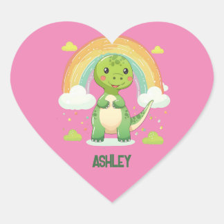 Sticker Cœur Dino Arc-En-Ciel Coloré Avec Nom Enfants
