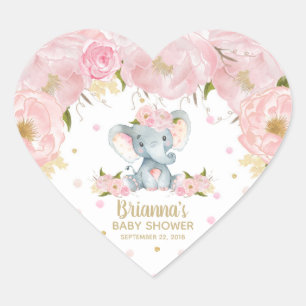 Sticker Cœur Douce Éléphant Fleurs Roses Baby Shower