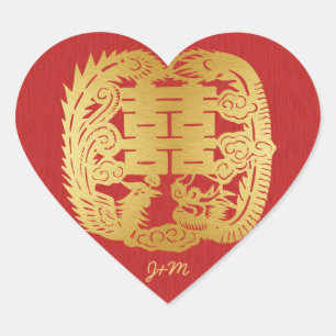 Sticker Cœur Dragon chinois double bonheur / Mariage Phoenix