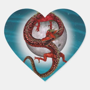 Sticker Cœur Dragon Lune Rouge Fantastique Artistique