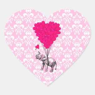 Sticker Cœur Drôle joli éléphant et damas rose